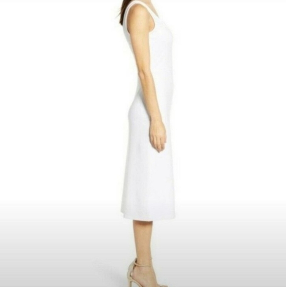 Leith Nordstrom White Scoop Neck Midi Dress Bodycon Slit Stretch Bride Classic L - Picture 2 of 10